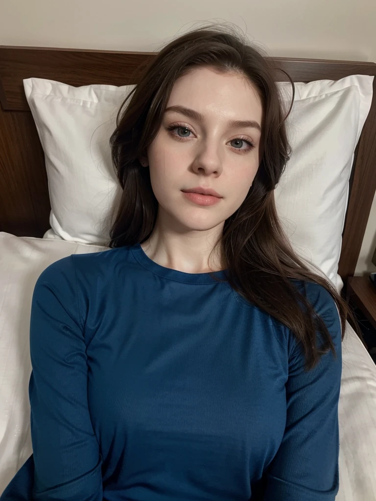 Selfie, Ultrarealistic, (pale skin), dark brown hair, blue long sleeve top, upper body, hotel room, (selfy with front camera), laying down on bed, head on pillow