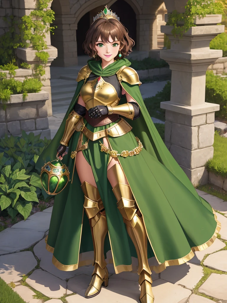masterpiece, best quality:1.2), 1girl, smile, looking at viewer, green eyes, short brown hair, princess, armor, , pauldrons, armored dress, green cloak cape, wearing puffy blue ballgown skirt, golden tiara with green gem, armored boots, fingerless gloves, standing in medieval garden
