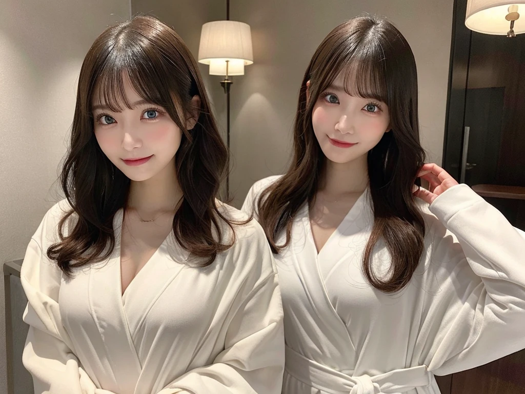 Tabletop, Highest quality, shape, Very detailed, finely, High resolution, 8k wallpaper, 完璧なダイナミックな構shape, Beautiful and beautiful eyes,,Medium Hair, Natural color lip,smile,Hotel room at night 20 year old girl、Midnight、Beautiful and elaborate face、Perfect and beautiful face、Slim face and arms spread wide,Big eyes,Dress code: bathrobe　The whole body is shown　Standing a little far away　My breasts are so big that my clothes are stretched　smile 少し前屈みの姿勢 