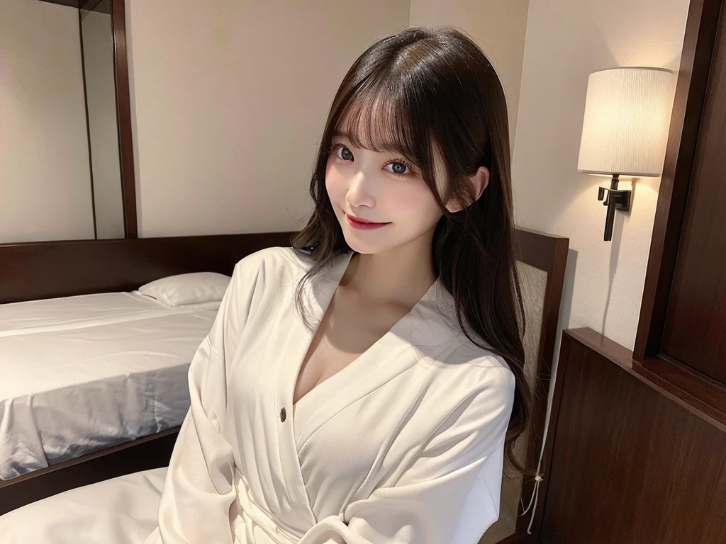 Tabletop, Highest quality, shape, Very detailed, finely, High resolution, 8k wallpaper, 完璧なダイナミックな構shape, Beautiful and beautiful eyes,,Medium Hair, Natural color lip,smile,Hotel room at night 20 year old girl、Midnight、Beautiful and elaborate face、Perfect and beautiful face、Slim face and arms spread wide,Big eyes,Dress code: bathrobe　The whole body is shown　Standing a little far away　My breasts are so big that my clothes are stretched　smile 少し前屈みの姿勢 