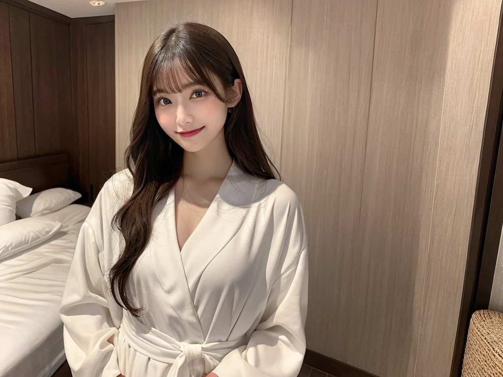 Tabletop, Highest quality, shape, Very detailed, finely, High resolution, 8k wallpaper, 完璧なダイナミックな構shape, Beautiful and beautiful eyes,,Medium Hair, Natural color lip,smile,Hotel room at night 20 year old girl、Midnight、Beautiful and elaborate face、Perfect and beautiful face、Slim face and arms spread wide,Big eyes,Dress code: bathrobe　The whole body is shown　Standing a little far away　My breasts are so big that my clothes are stretched　smile 少し前屈みの姿勢 