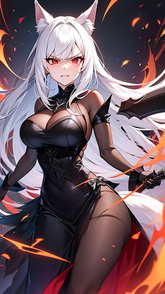 An adult woman, half fox and wolf, white hair, red eyes, large breasts, very angry, in a black dress, holding a one sword