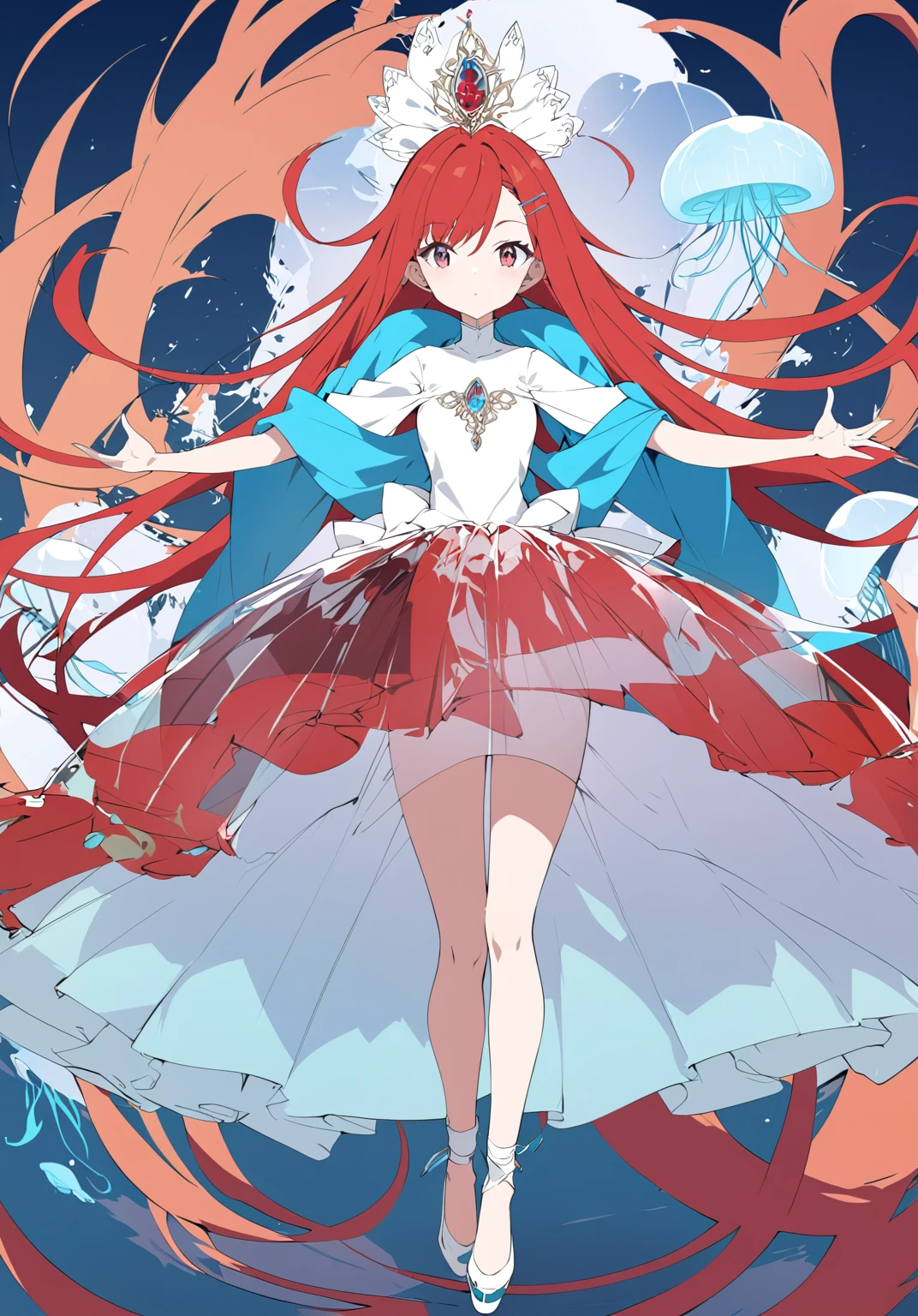 A woman with red hair floating in the sky, sketch-like art style, a surreal floating mass of a dress, a jellyfish priestess, she is levitating, Clip Studio Paint, color sketch, she has red hair, by Ai-Mitsu, [conceptual art]!!, full body, anime-style, anime art style, ((glass skirt)), pixiv winner, high quality, exquisite technique, ultra-detailed