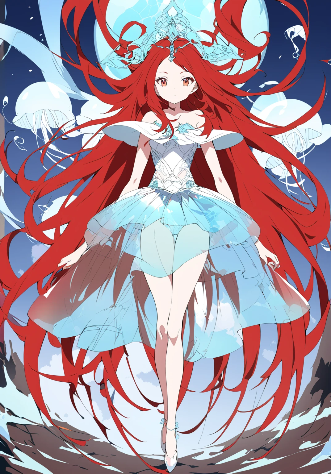 A woman with red hair floating in the sky, sketch-like art style, a surreal floating mass of a dress, a jellyfish priestess, she is levitating, Clip Studio Paint, color sketch, she has red hair, by Ai-Mitsu, [conceptual art]!!, full body, anime-style, anime art style, ((glass skirt)), pixiv winner, high quality, exquisite technique, ultra-detailed
