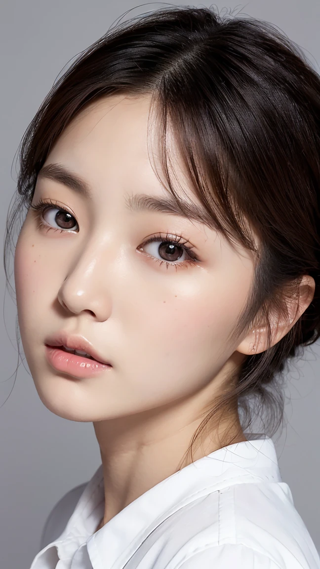 18 year old Japanese female、Wearing a white shirt、Highly detailed face,round face、 Lips Detail,,Big eyes、double eyelid, Detailed black eyes,Thin lips、 Very beautiful face、current eyes, Beautiful Eyes, (Real Skin), Beautiful Skin, Ultra-high resolution、Facing forward and gazing at me、