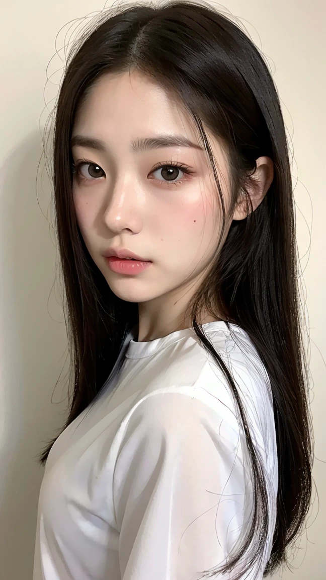 18 year old Japanese female、Wearing a white shirt、Highly detailed face,round face、 Lips Detail,,Big eyes、double eyelid, Detailed black eyes,Thin lips、 Very beautiful face、current eyes, Beautiful Eyes, (Real Skin), Beautiful Skin, Ultra-high resolution、Facing forward and gazing at me、