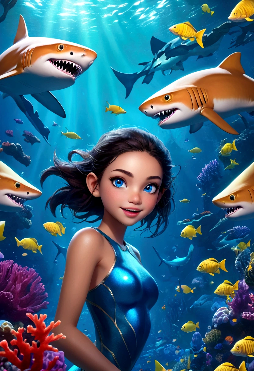 a beautiful girl with shark-like features, interactive,game,interesting,Bubbles,glowing blue eyes, sharp teeth, Girl with sharp fangs,scaly skin, floating in an underwater fantasy scene with kelp, coral, and schools of tropical fish, detailed realistic 3d render, cinematic lighting, vivid colors, concept art style