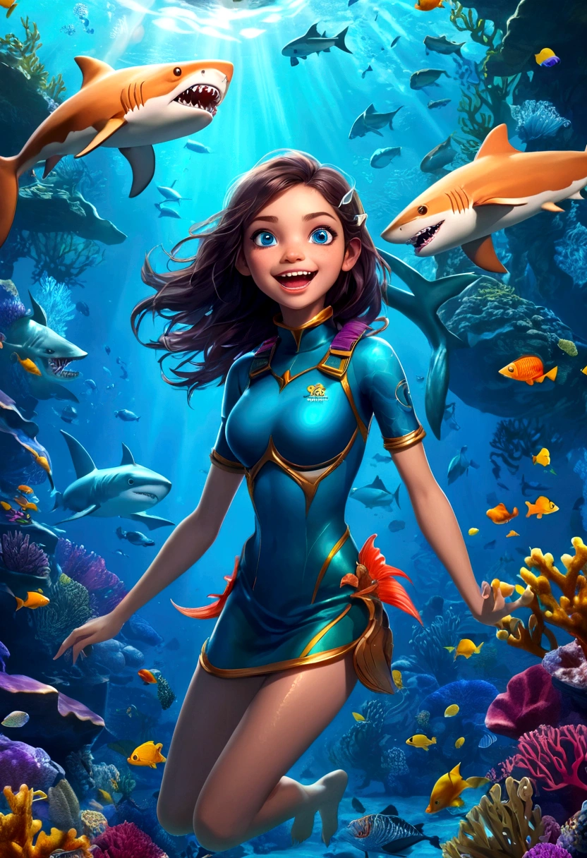 a beautiful girl with shark-like features, interactive，game，interesting，Bubbles，glowing blue eyes, sharp teeth, Girl with sharp fangs，scaly skin, floating in an underwater fantasy scene with kelp, coral, and schools of tropical fish, detailed realistic 3d render, cinematic lighting, vivid colors, concept art style