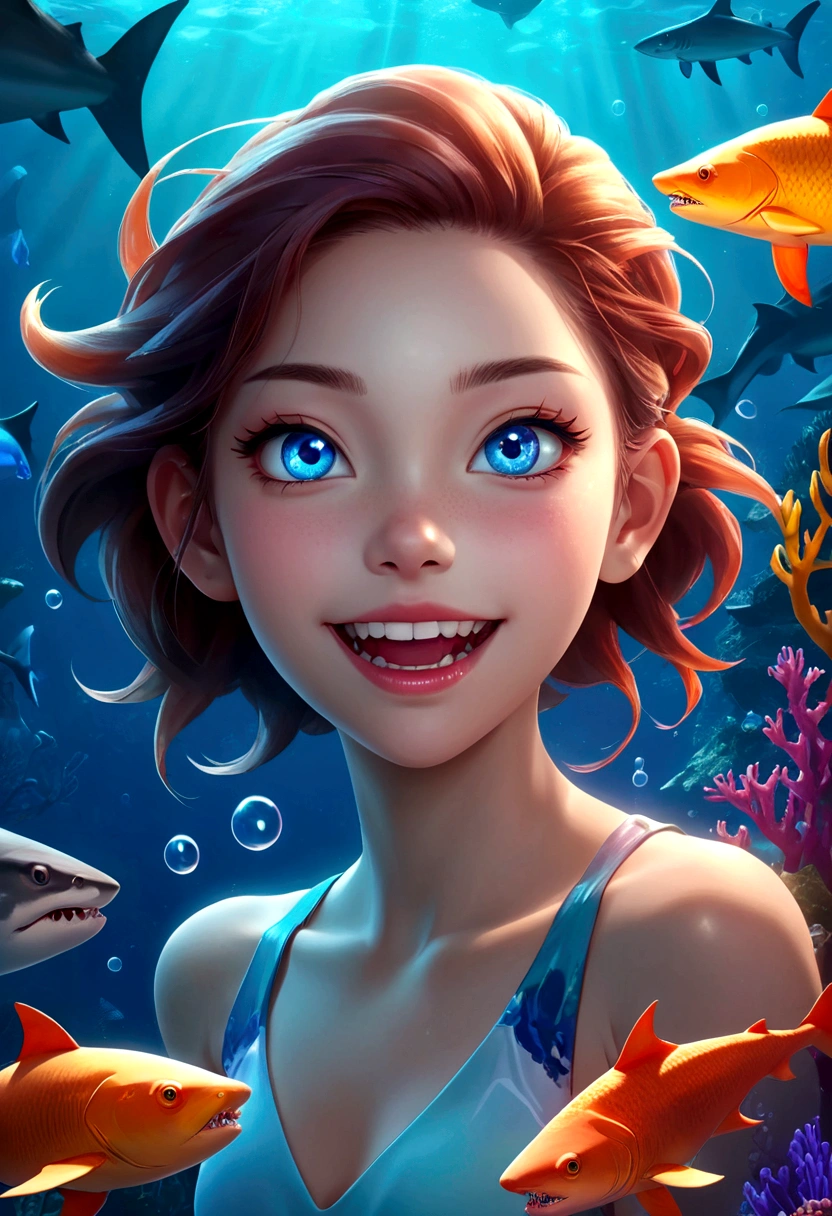 a beautiful girl with shark-like features, interactive，game，interesting，Bubbles，glowing blue eyes, sharp teeth, Girl with sharp fangs，scaly skin, floating in an underwater fantasy scene with kelp, coral, and schools of tropical fish, detailed realistic 3d render, cinematic lighting, vivid colors, concept art style