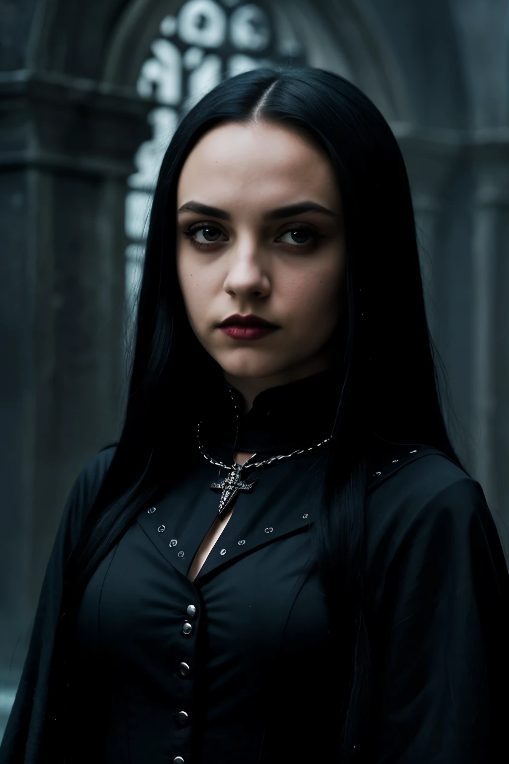 Create a realistic and detailed full shot of two people:Raven from Teen Titans and Wednesday Addams. Capture his haunting presence and mysterious aura while standing in front of a dark and brooding background.. Highlights the intricate details of her Gothic attire and the intensity of her penetrating eyes..