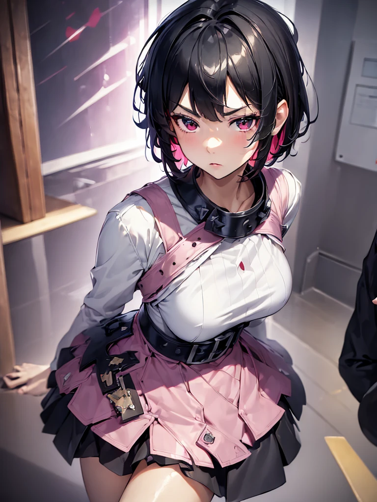 (masterpiece, best quality:1.4), 8k, Ellen Joe Black Short Hair, Red Highlights, Young adult, anime girl, Annoyed, Glaring, mad, light Pink eye, Big chest, White Sweater, Black Skirt (detailed eyes and face, sharp pupils, realistic pupils:0.6)