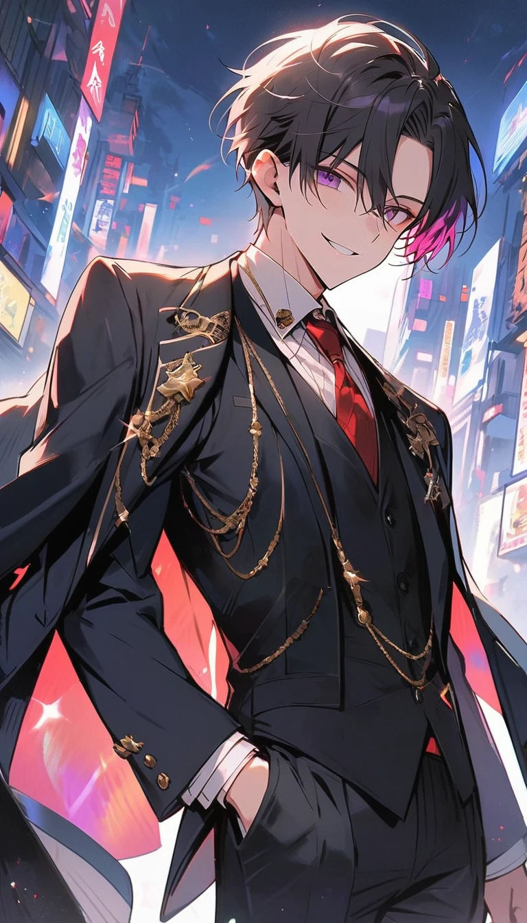 good looking, alone, 1 male, short hair, Smile Facial,1. Boy with black and purple hair, Moderate height, Slim body, Long coat, Black lining,good looking, short hair, Black Hair, Rainbow Hair, Purple eyes, 先端がスモーキーグレーのBlack Hair, smoking, Black light,smile、, Bright, sharp eyes illuminate the scene,uniform,Fewer accessories,whole body,Background white,(masterpiece, Highest quality), Yishang_edge, Default_Costume, One boy, alone, Red tie, Black jacket, Black vest, Jacket on shoulders, White shirt, Collared shirt, Black trousers, View your viewers, city, night, knife,紫色に光るknife身,View your viewers, city, night, From below,Lots of cool accessories