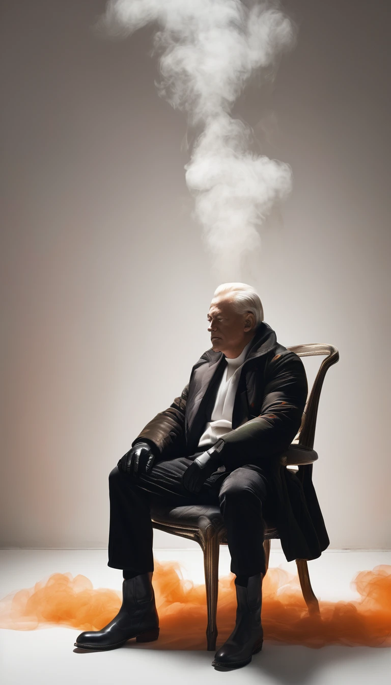 In a completely white room sits in a chair facing you, face down, a man wearing pants and a thick cotton long-sleeved coat with long sleeves and white gloves and shiny black boots. From its white head, orange smoke flow emanates