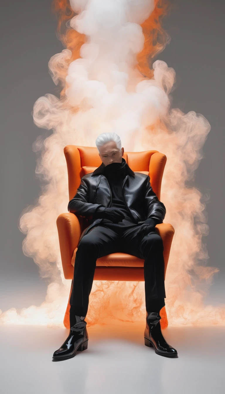 In a completely white room sits in a chair facing you, face down, a man wearing pants and a thick cotton long-sleeved coat with long sleeves and white gloves and shiny black boots. From its white head, orange smoke flow emanates 