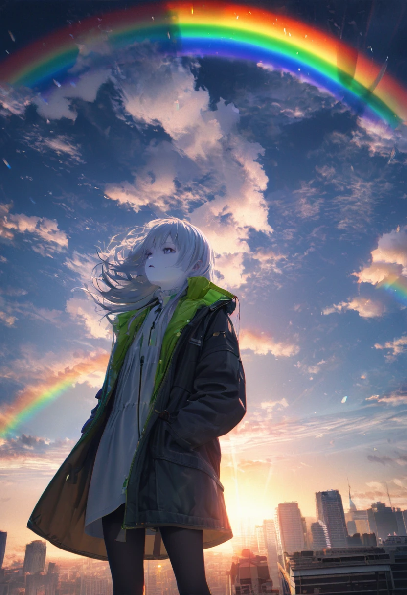 Angelic, detailed woman, sunrise, rainbow, After the Rain, horizon, In the sky, city , Lens flare, colorful,coat, Put your hands in your pockets,(student, 18-year-old, JK, Her short silver hair sways, Pale skin,) Look up at the sky, Beautiful sky, The scenery is beautiful., 広いLook up at the sky, Colorful summer flowers are blooming everywhere., I see the wind blowing and shining, In the skyは正午の月と正午の星がある,From below, break ,quality(8K,非常に精細なCGユニットのwallpaper, masterpiece,High resolution,top-quality,top-quality real texture skin,Surreal,Increase the resolution,RAW Photos,最高quality,Very detailed,wallpaper,Cinema Lighting,Ray Tracing,Golden Ratio),Have a long-term perspective