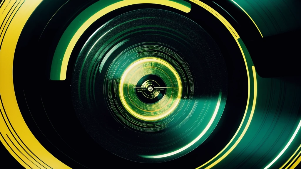 Poster Style，Brighter green frosted background，Vinyl record combined with clock，(Front view of the record)，Half record, half clock，Reflecting the sense of time travel，Golden text effect for English title on the right，There is a halo of light around the record similar to a black hole，Extremely high definition picture quality，quality，Real texture，Sci-fi style