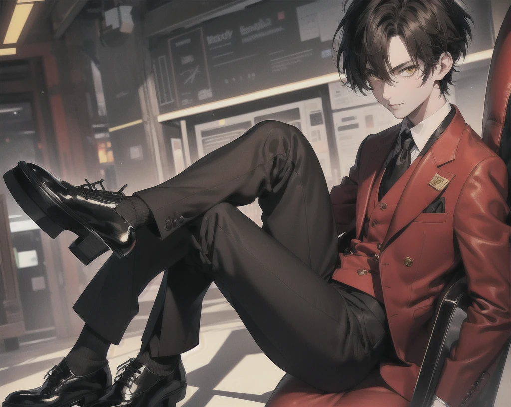 (masterpiece), (best quality), (expressive eyes), (perfect face), (Man), (brown hair), ((slightly messy hair)), (((short hair))), (yellow eyes), sly smile, ((red tuxedo)), (Black long-legged suit), (black gloves), (dark brown leather shoes), (((handsome guy))), ((sly look confident)), outdoors city, (super highly detailed)