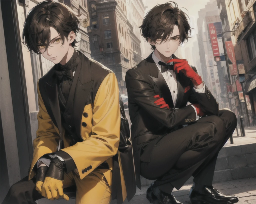 (masterpiece), (best quality), (expressive eyes), (perfect face), (Man), (brown hair), ((slightly messy hair)), (((short hair))), (yellow eyes), sly smile, ((red tuxedo)), (Black long-legged suit), (black gloves), (dark brown leather shoes), (((handsome guy))), ((sly look confident)), outdoors city, (super highly detailed)