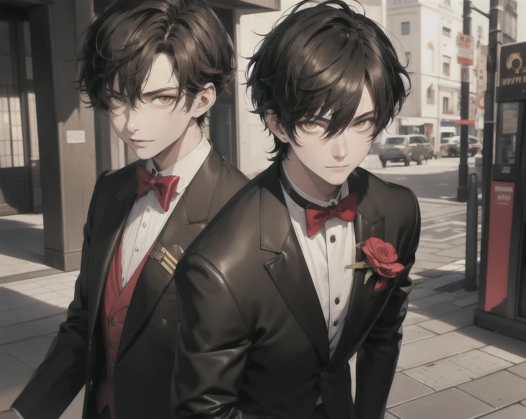 (masterpiece), (best quality), (expressive eyes), (perfect face), (Man), (brown hair), ((slightly messy hair)), (((short hair))), (yellow eyes), sly smile, ((red tuxedo)), (Black long-legged suit), (black gloves), (dark brown leather shoes), (((handsome guy))), ((sly look confident)), outdoors city, (super highly detailed)