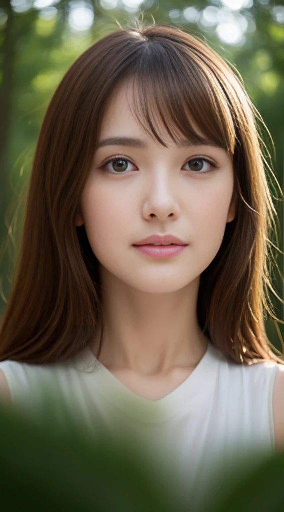 1 female, close up of face, Medium chest, light brown hair, dull bangs, hair behind the ear, shoulder hair, long hair, slender body shape, Extra-fine face, thin face, delicate lips, beautiful eyes, light blush, eyes are light brown, perfect shiny skin, perfect skin, Shining sweat,See here, ultra thin hands, super thin fingers, Optimal ratio of 4 fingers and 1 thumb, (realistic:1.3), Finger extension, see-through white blouse. coniferous forest, one person'perspective, movie, f/1.2, 8K, table top, nffsw, Super detailed, high quality, 最high quality, High resolution,abs,6 pack,