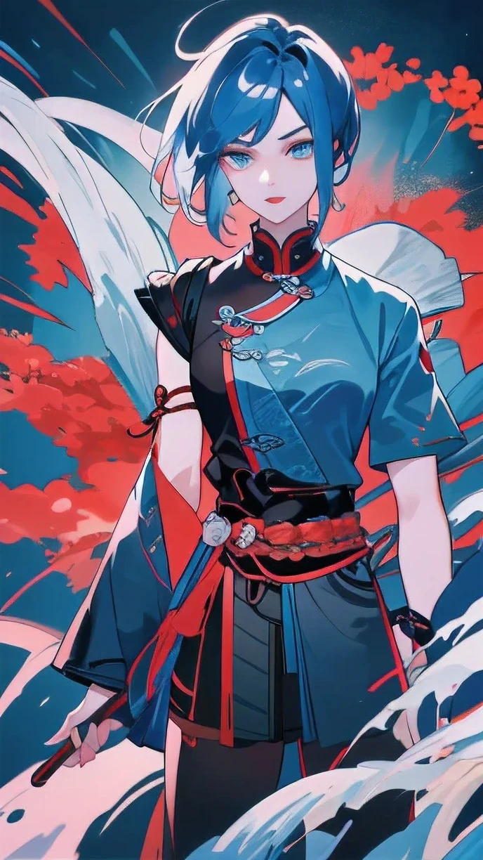 Masterpiece, Best quality, 1 Ji Ruxue, the expression is cold, strong, blue eyes, short hair, wolfcut hairstyle, smoky mix blue color hair, resolute eyes, red lips, simple Taoist Taoist uniform, Chinese mix morden, frontal photo, black or white background, simple background, anime, illustration, Chinese style short-sleeved shirt, cool girl, Full body frontal photo, full HD