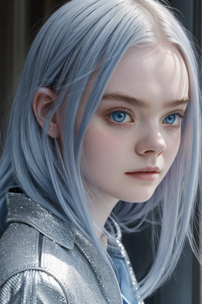 Elle Fanning with blue eyes and silver hair