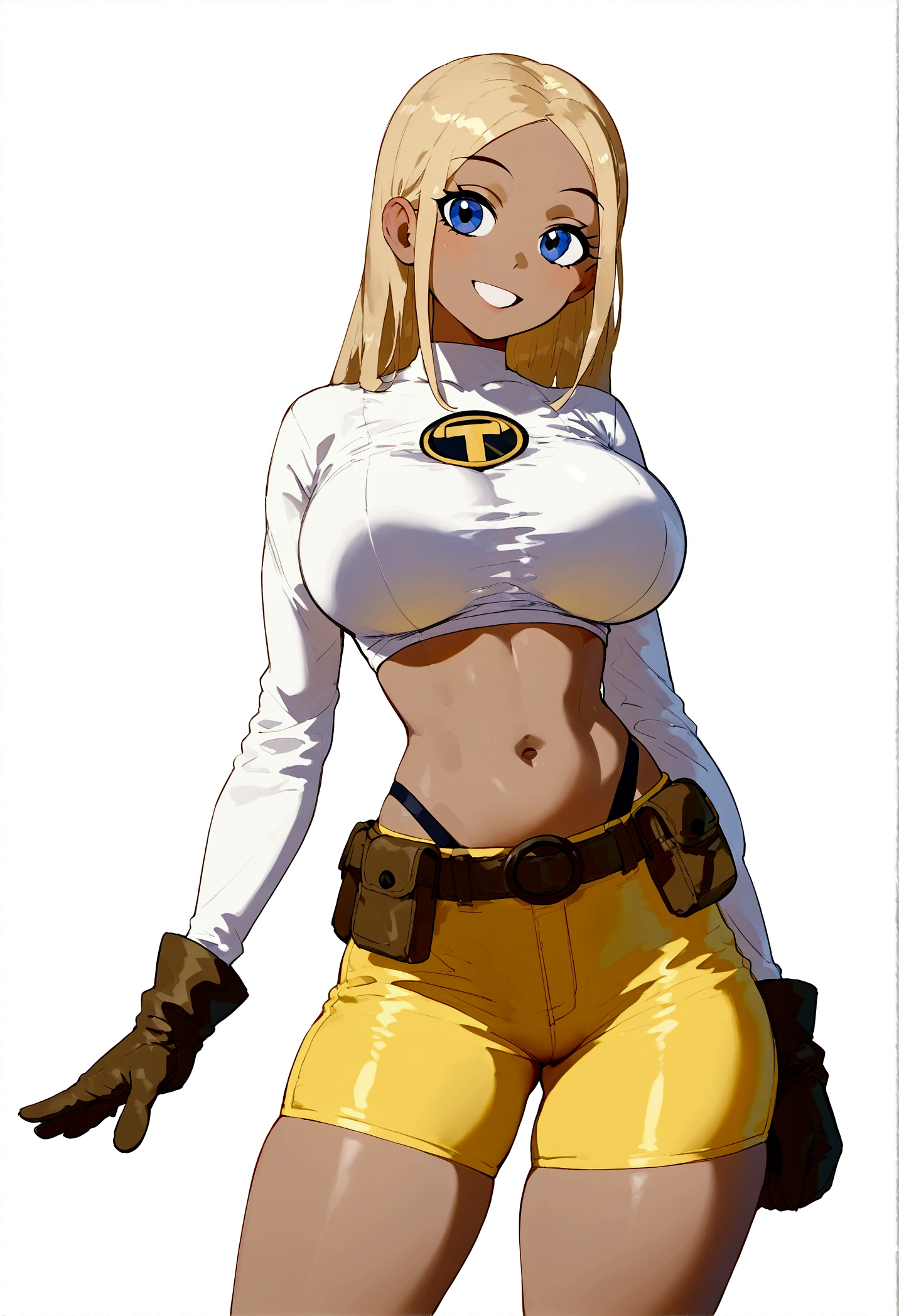 anime artwork, terra_markov, 1girl, solo, big breasts, gloves, navel, midriff, shorts, smile, crop top, belt, yellow shorts, cowboy shot, dark skin, long sleeves, dark-skinned female, shirt, looking at viewer, standing, pouch, score_9, score_8_up, score_7_up, score_6_up, score_5_up, score_4_up