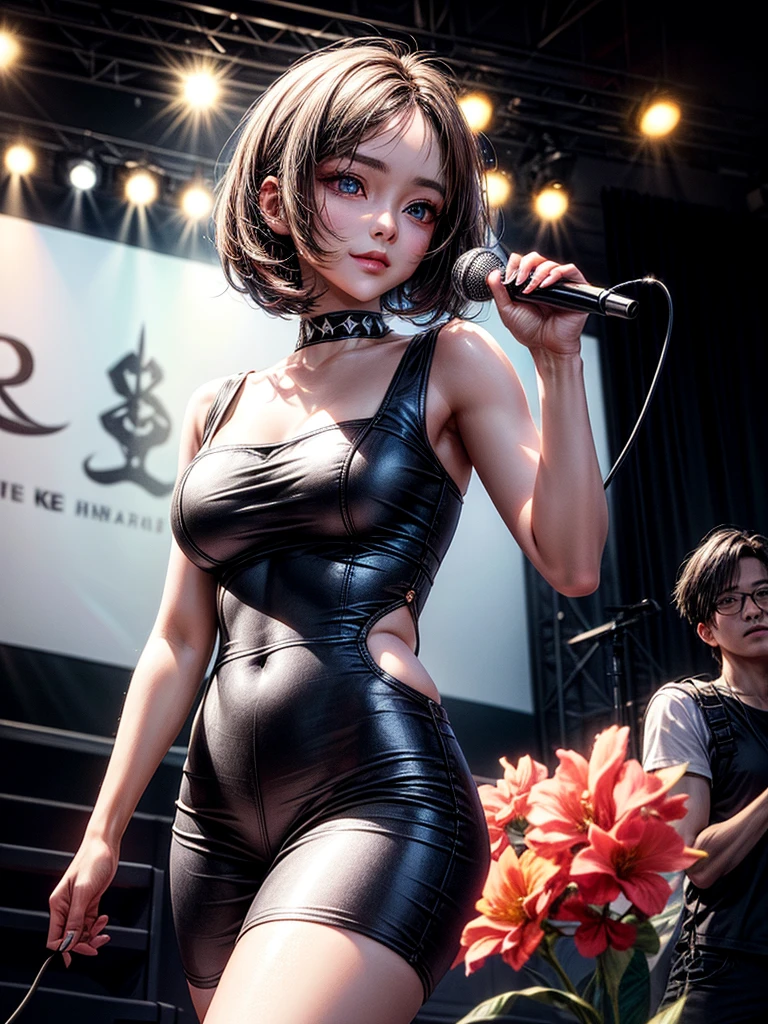 ((Best of the highest quality, 8k, Masterpiece, raw photo: 1.2)), (Sharp focus: 1.2), (1 AESPA, slim body type female, 22 y/o: 1.1), solo, (realistic, photo-realistic:1.37), face focus, cute face, finely eyes, (forehead: 1.16), (sharp chin, droopy eyes: 1.32), (Emphasize prominent aegyo-sal with bright: 1.2), shimmering eyeshadow applied under the lower lash line, paired with thick, (short bob hair: 1.28), alternative outfit, walking on stage, microphone, flower, (from below: 1.16)