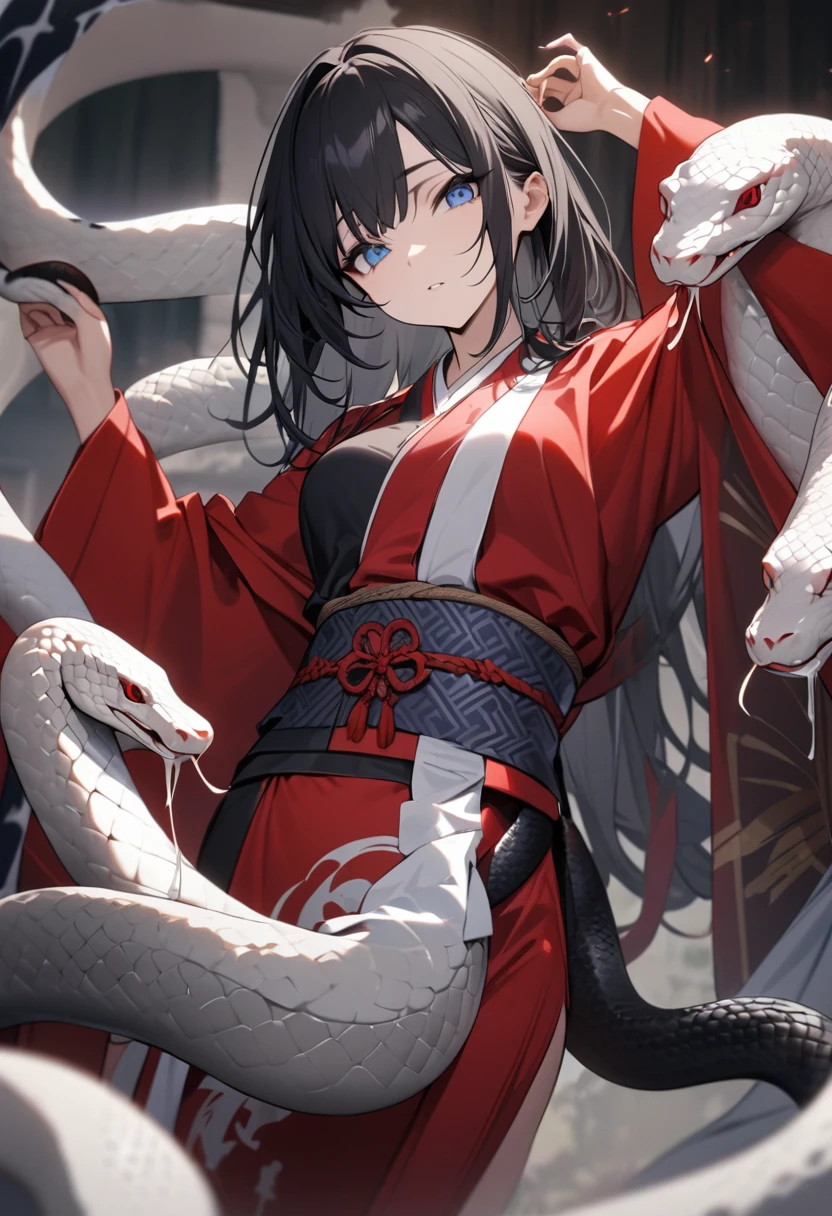 woman, Fair skin, Black Hair, blue eyes, black snake on the lower half of her body, She is wearing a white kosode with a red haori and obi., snake, masterpiece, Highest quality