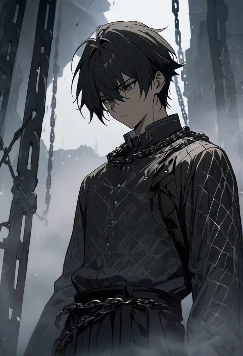 One boy, masterpiece, top quality, handsome boy, expressionless, white mesh, black hakama, chains, in the fog, looking down, anime