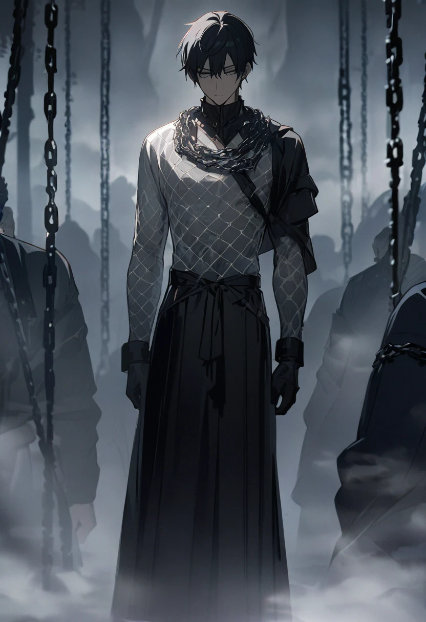 One boy, masterpiece, top quality, handsome boy, expressionless, white mesh, black hakama, chains, in the fog, looking down, anime