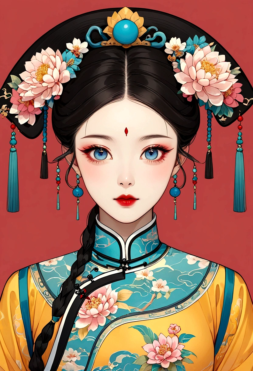 Procreate board drawing beautiful digital art,Clean lines,Beautiful Chinese Qing Dynasty Princess,Bright Eyes,Exquisite facial features,(((Qing Dynasty Gaoqitou,Flowers))),symmetry,(Qing Dynasty Clothing,White Hualong),Bright colors,High Saturation,Solid red background,Medium shot