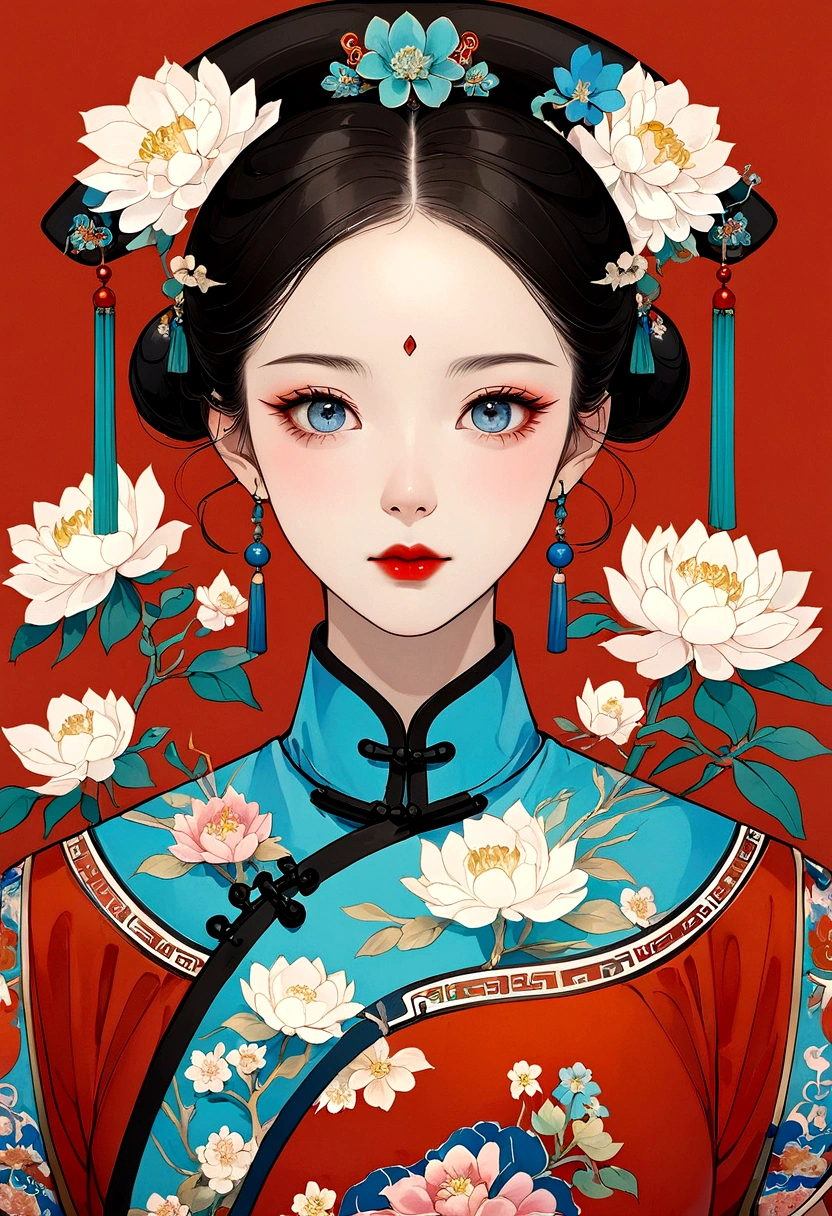 Procreate board drawing beautiful digital art,Clean lines,Beautiful Chinese Qing Dynasty Princess,Bright Eyes,Exquisite facial features,(((Qing Dynasty Gaoqitou,Flowers))),symmetry,(Qing Dynasty Clothing,White Hualong),Bright colors,High Saturation,Solid red background,Medium shot