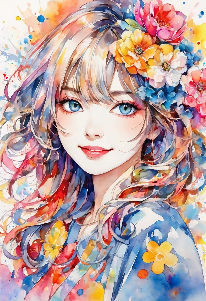 beautiful woman portrait, cute smile, Sylvia Pelissero watercolors, colorful flowers, beautiful eyes, upper body, abstract art, intense watercolor, watercolor detailed art, watercolor splash, surreal, avant-garde pop art, Beautiful and expressive paintings, Beautiful artwork illustration, very colorful tones, wonderful, cool beauty, highest quality, official art, women only, sharp outline, best shot, vector art, lips in love、 (((The strongest beautiful women of all time))), (((Japanese)))、clear, (((highest quality))), lips in love, HDR, ((Detailed details)), stylish fashion, detailed clothing texture, (((graffiti art))), colorful hair, ((masterpiece))、((Super detailed))