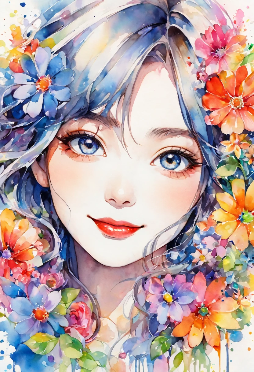 beautiful woman portrait, cute smile, Sylvia Pelissero watercolors, colorful flowers, beautiful eyes, upper body, abstract art, intense watercolor, watercolor detailed art, watercolor splash, surreal, avant-garde pop art, Beautiful and expressive paintings, Beautiful artwork illustration, very colorful tones, wonderful, cool beauty, highest quality, official art, women only, sharp outline, best shot, vector art, lips in love、 (((The strongest beautiful women of all time))), (((Japanese)))、clear, (((highest quality))), lips in love, HDR, ((Detailed details)), stylish fashion, detailed clothing texture, (((graffiti art))), colorful hair, ((masterpiece))、((Super detailed))