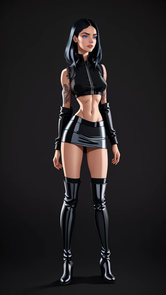 beautiful girl, ((standing:1.4)), (confident gaze:1.1), full body, short bright neon streaked black hair, ((realistic highly detailed eyes:1.4)), ((seductive pose:1.2)), fit, Athletic, lean, slender abs, black eyeshadow, (street style wear:1.2), ((short skirt)), ((knee high leather boots)),((light plain background:1.4)), dark makeup, digital art, trending on artstation, highly detailed, fine detail, intricate, detailed facial features, sharp focus, smooth, aesthetic, tattoos 