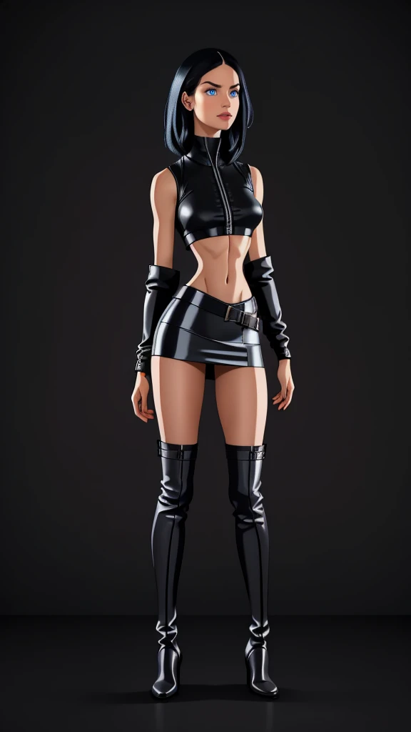 beautiful girl, ((standing:1.4)), (confident gaze:1.1), full body, short bright neon streaked black hair, ((realistic highly detailed eyes:1.4)), ((seductive pose:1.2)), fit, Athletic, lean, slender abs, black eyeshadow, (street style wear:1.2), ((short skirt)), ((knee high leather boots)),((light plain background:1.4)), dark makeup, digital art, trending on artstation, highly detailed, fine detail, intricate, detailed facial features, sharp focus, smooth, aesthetic, tattoos 
