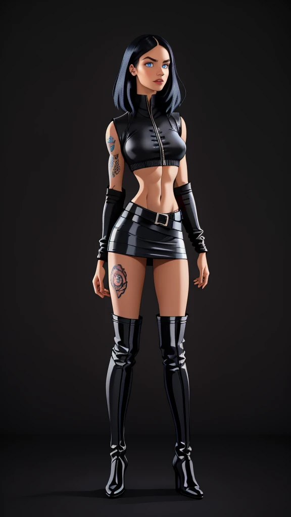 beautiful girl, ((standing:1.4)), (confident gaze:1.1), full body, short bright neon streaked black hair, ((realistic highly detailed eyes:1.4)), ((seductive pose:1.2)), fit, Athletic, lean, slender abs, black eyeshadow, (street style wear:1.2), ((short skirt)), ((knee high leather boots)),((light plain background:1.4)), dark makeup, digital art, trending on artstation, highly detailed, fine detail, intricate, detailed facial features, sharp focus, smooth, aesthetic, tattoos