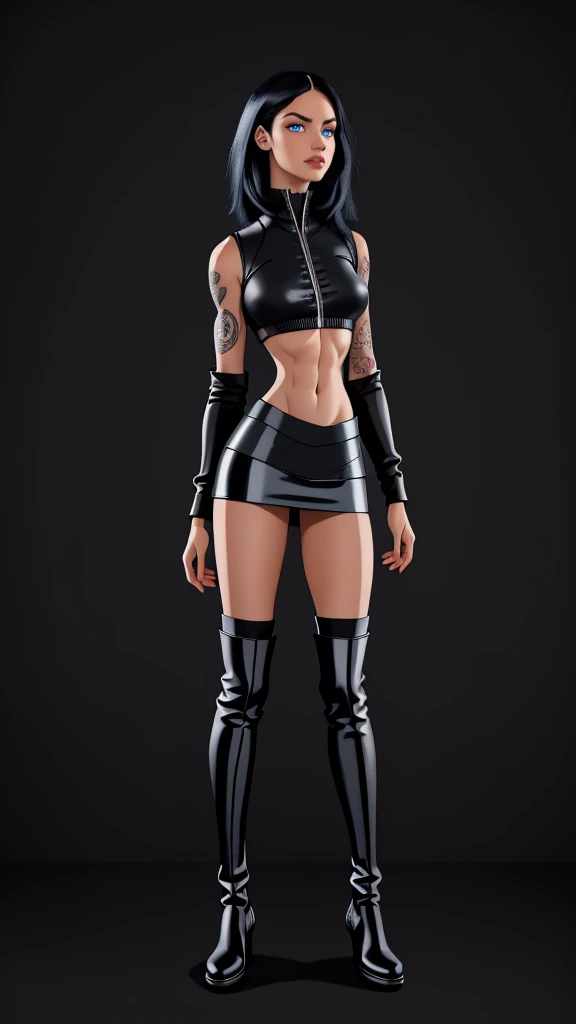 beautiful girl, ((standing:1.4)), (confident gaze:1.1), full body, short bright neon streaked black hair, ((realistic highly detailed eyes:1.4)), ((seductive pose:1.2)), fit, Athletic, lean, slender abs, black eyeshadow, (street style wear:1.2), ((short skirt)), ((knee high leather boots)),((light plain background:1.4)), dark makeup, digital art, trending on artstation, highly detailed, fine detail, intricate, detailed facial features, sharp focus, smooth, aesthetic, tattoos 