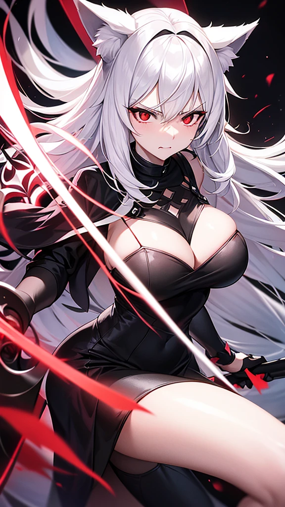An adult woman, half fox and wolf, white hair, red eyes, large breasts, very angry, in a black dress, holding a scythe