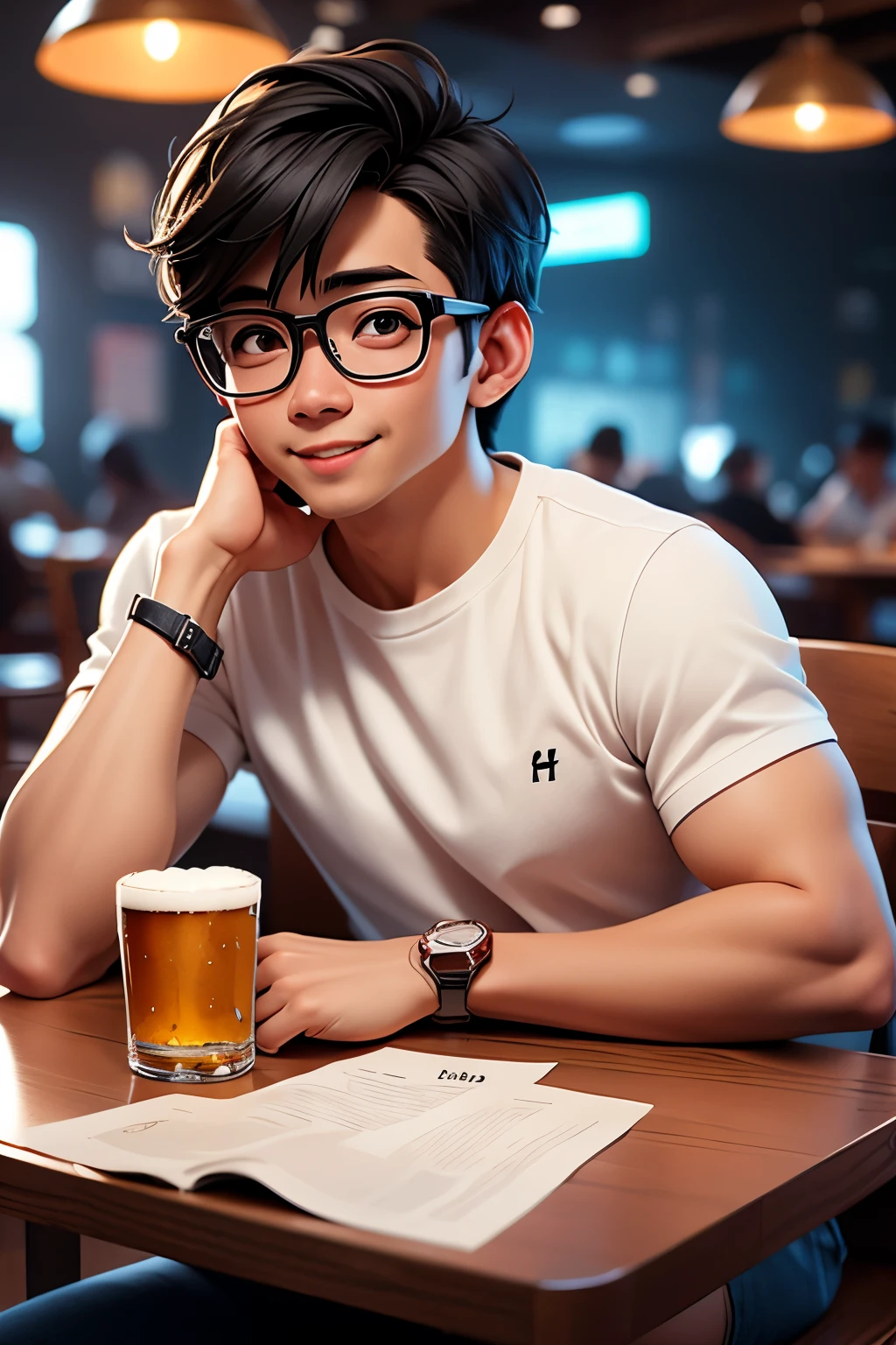 One Man、33 years old、Black-rimmed glasses、White T-shirt、denim、Silver Watches、Next to the cafe、Sitting at the table、Drinking beer、Medium build、
Loose-fitting clothing、Asian、Stylish、The bangs are long and down.、Smiling、Not short hair、Not skinny、Height: 170cm、Weight: 70kg、Not much muscle、Smooth Hair