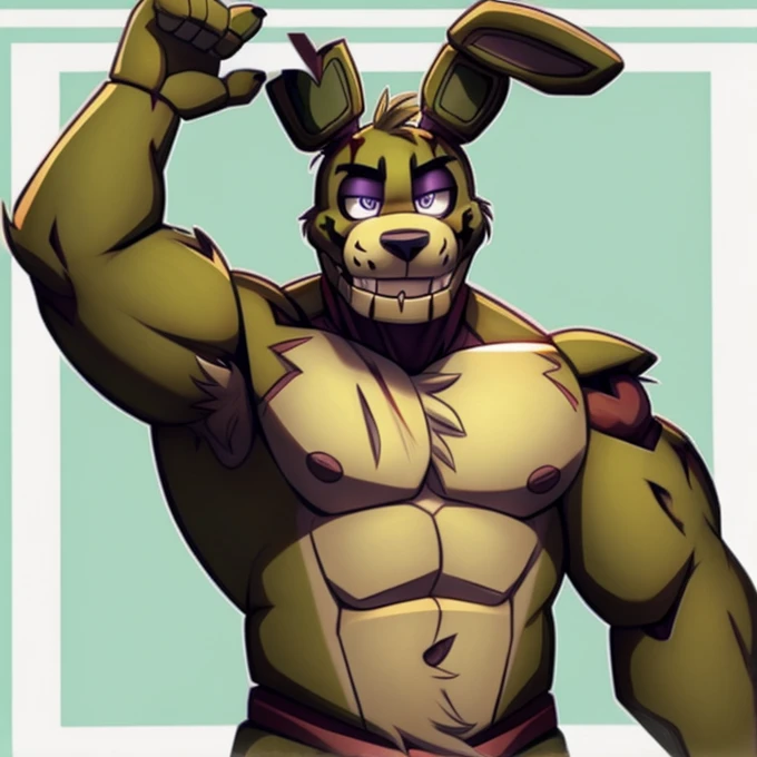 Male, rabbit, springtrap, five nights at Freddy's, masculine, smirking, muscular, raised arm, showing armpit, hairy armpit 