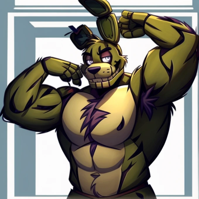 Male, rabbit, springtrap, five nights at Freddy's, masculine, smirking, muscular, raised arm, showing armpit, hairy armpit 