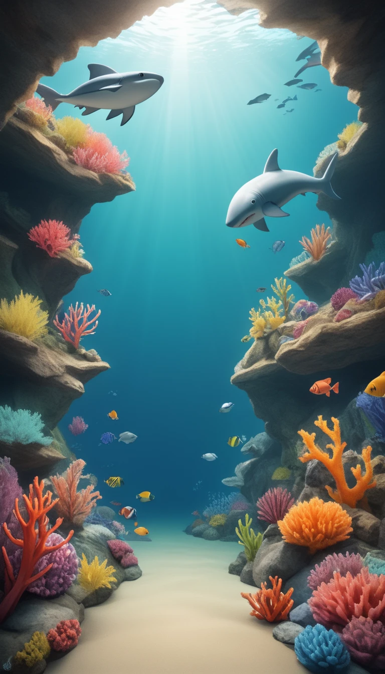 Highest quality, Highest quality, 16K, Unbelievably absurd, Very detailed, 2.5D, delicate and dynamic, aquarium, Large sink, Colorful Coral, A little faint light and a little fish, shark, Underwater, Underwater, sharkの格好をした少女, , ,, erotic, shark女, sharkの服