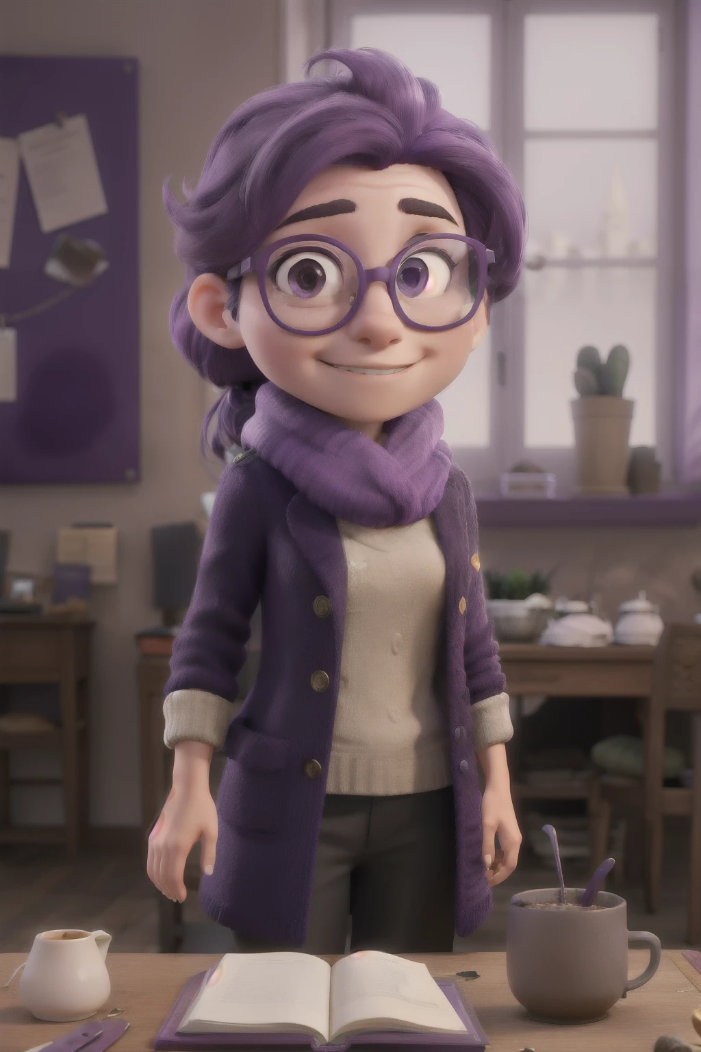 work of art, best qualityer,one with purple hair, glasses and a scarf, wearing a purple coat and eating açaí
