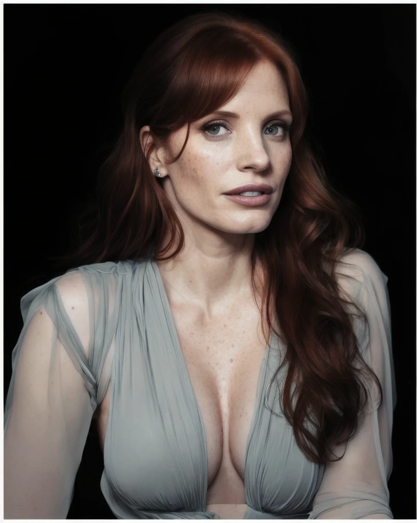 high quality celebrity Erotic photo , sexy Jessica Chastain 40yo woman ( woman, sexy, celebrity , actress ,tall actress , breast revealing , photorealistic , celebrity , random click , freckles on skin,) shiny sweaty skin , sexualized move, erotic angles, celebrity erotic photograph , shiny sweaty skin, ( photorealistic lights, depth of field, detailed face , insanely detailed skin texture, hyper detailed features )