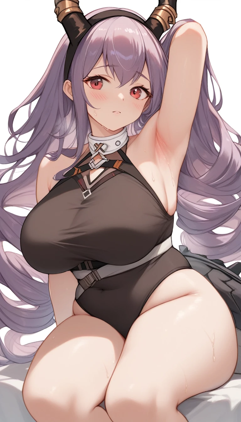 16K,typhon \(arknights\), 1girl, long hair, very long hair, purple hair, sidelocks, drill hair, twin drills, red eyes), black hairband, horns, swimsuit slingshot,blush,(((big breast))),arm up,((armpit focus)),Plump Armpits,Thick armpits,Drawn armpits,Armpit sweat,shiny skin,(((thick thighs)))