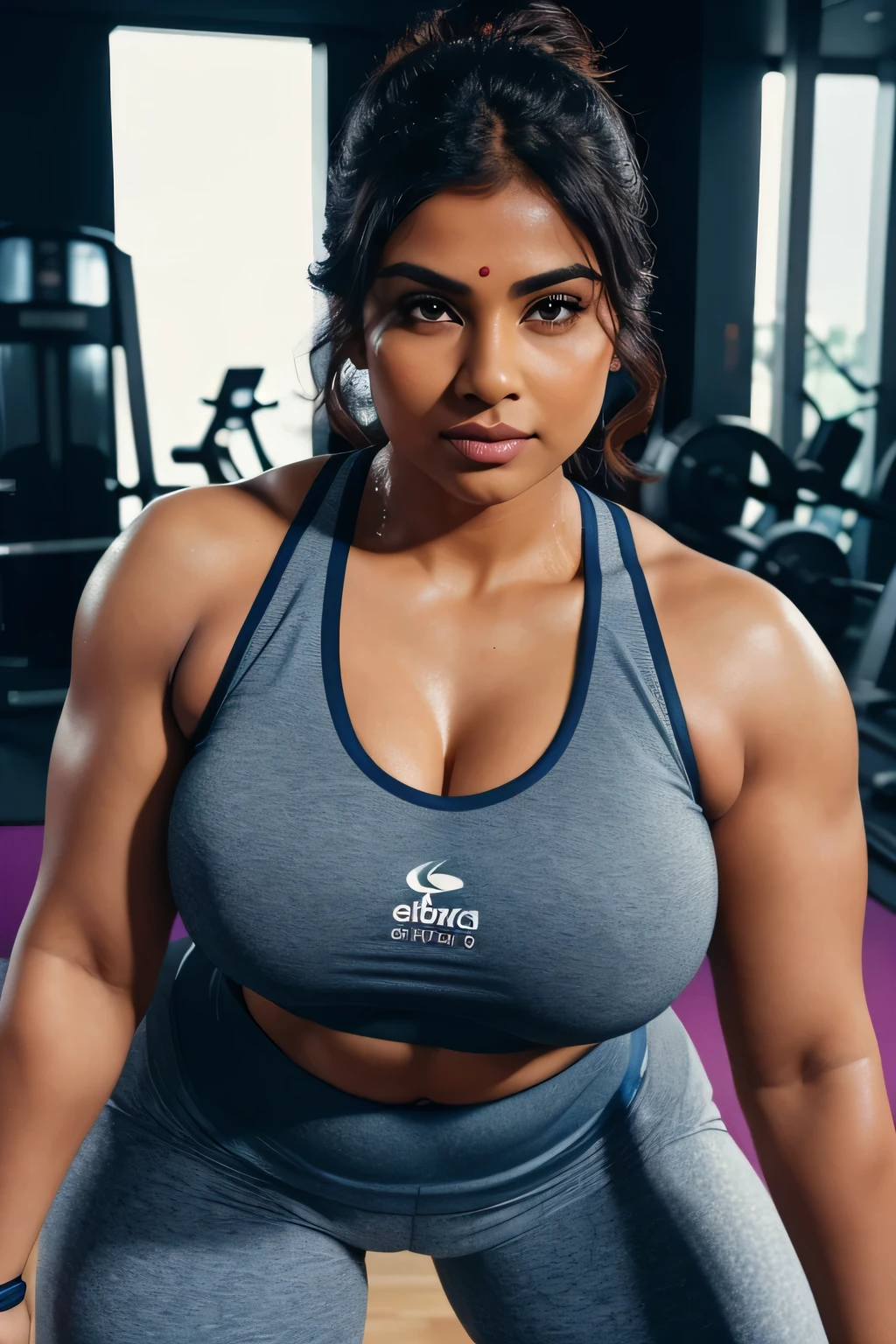 A chubby indian aunty in a sexy gym suit, sweating while working out at the gym, beautiful detailed eyes, beautiful detailed lips, extremely detailed eyes and face, long eyelashes, fit toned body, athletic pose, gym equipment in background, warm lighting, photorealistic, 8k, hyperdetailed, vibrant colors, cinematic lighting