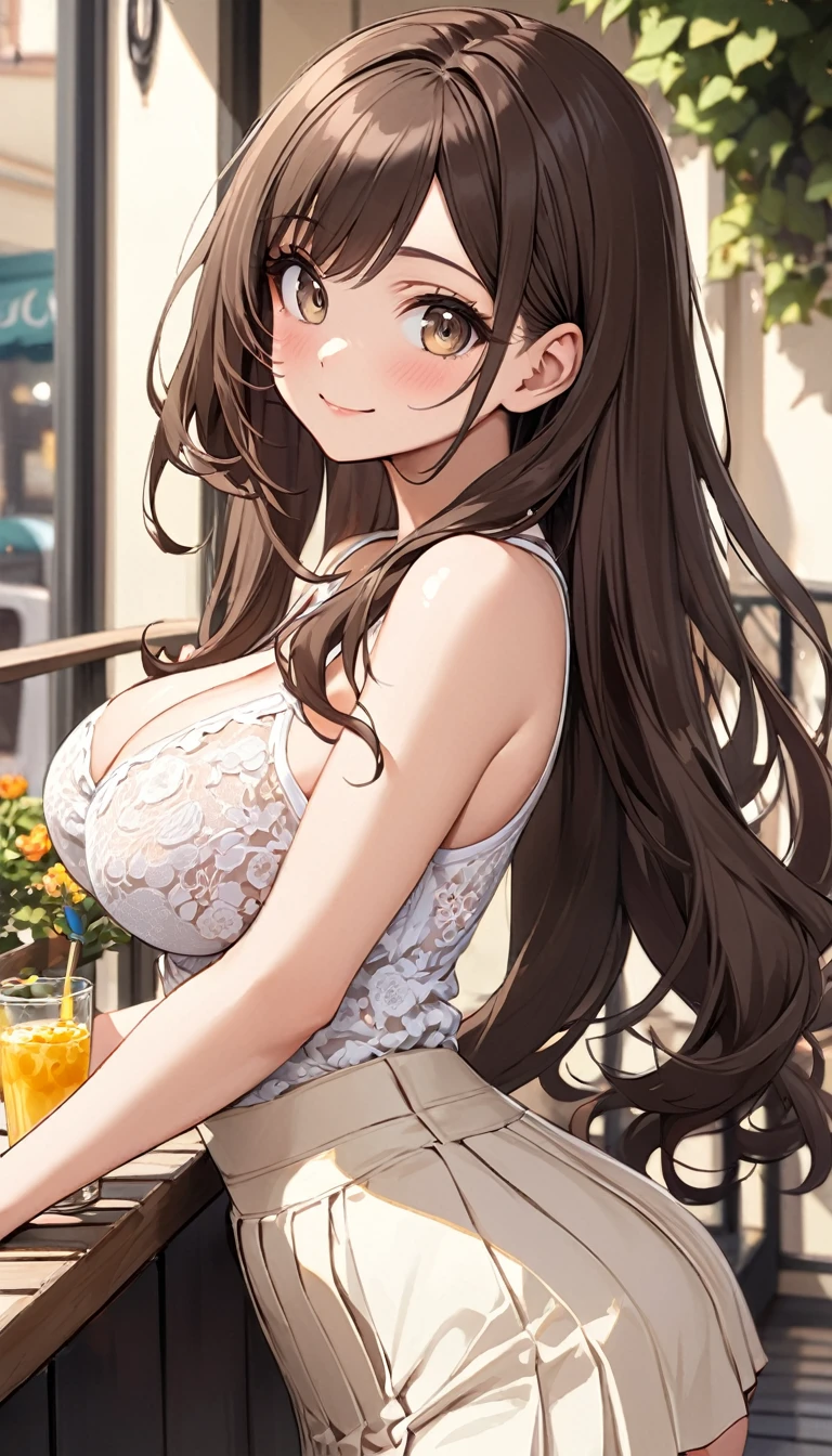 masterpiece, Highest quality, Very detailed, ,Fine details, Anime Style, One Girl, 22 years old, Cute face、bangs, Large Breasts、Big Ass、Tight waist、Buckshot、Long Hair、Beautiful Eyes、Dark brown hair, Shiny Hair, Light brown eyes、cowboy shot, Look at the photographer､ とってもCute face, smile、Cute and sexy pose, arched back, Pleated skirt, lace tops, On the terrace of a stylish cafe in the city、Shallow depth of field