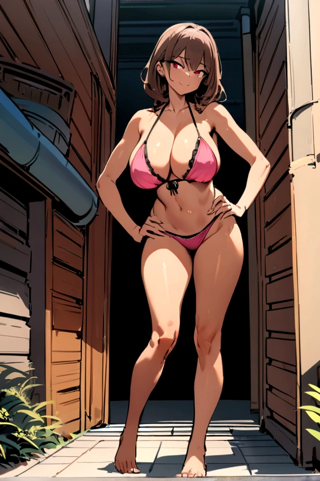 Masterpiece , best quality , Masterpiece , best quality , 1 woman , Tanned skin , red eyes , wavy brown hair , sly face , smile , pink bikini , abdomen , big breasts , Long legs , Barefoot , hands on hips , drain pipe